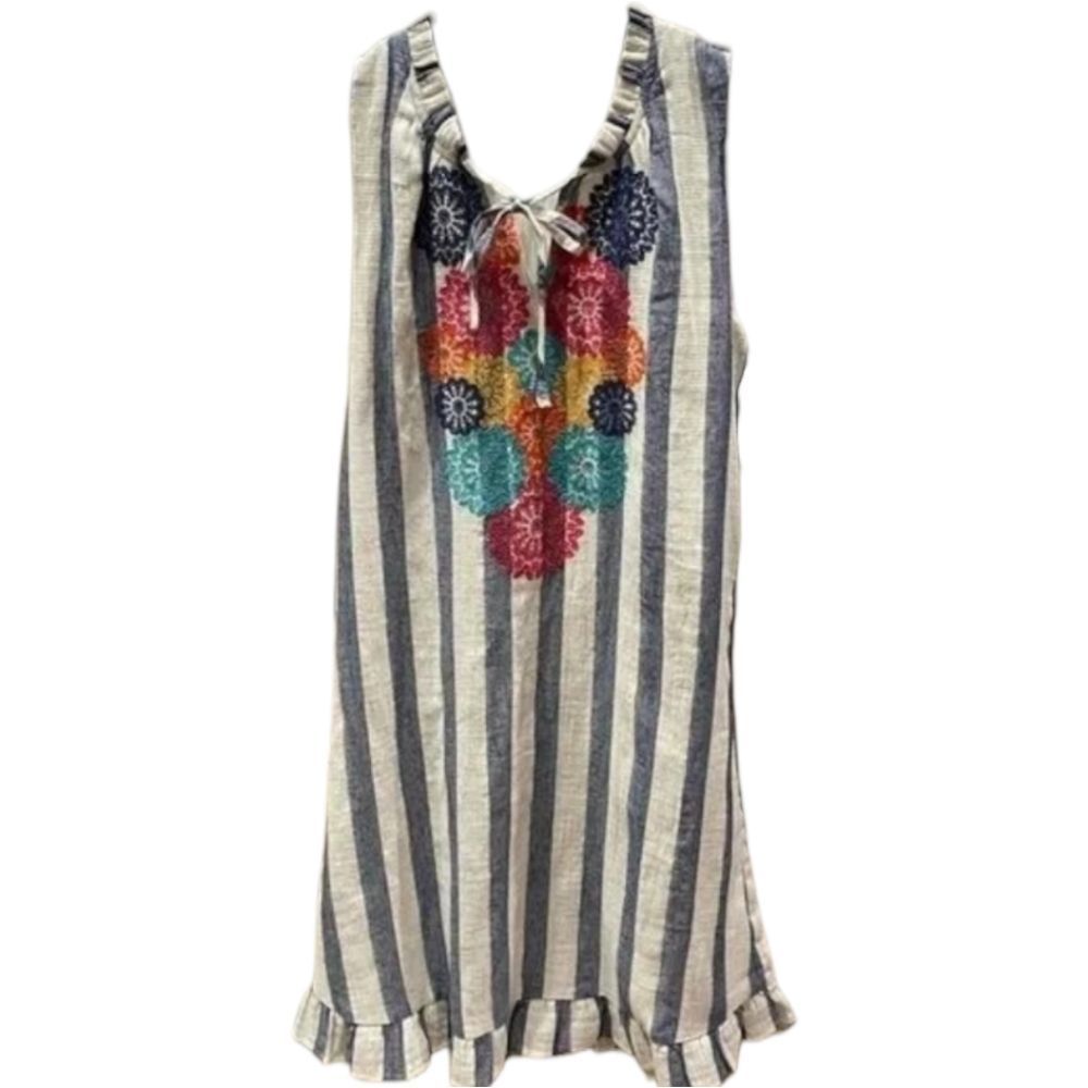 THML Chambray Striped Embrodered Summer Midi Dress Size‎ S